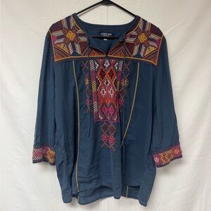 Johnny Was Embroidered Top - Blue with Multicolor Accents